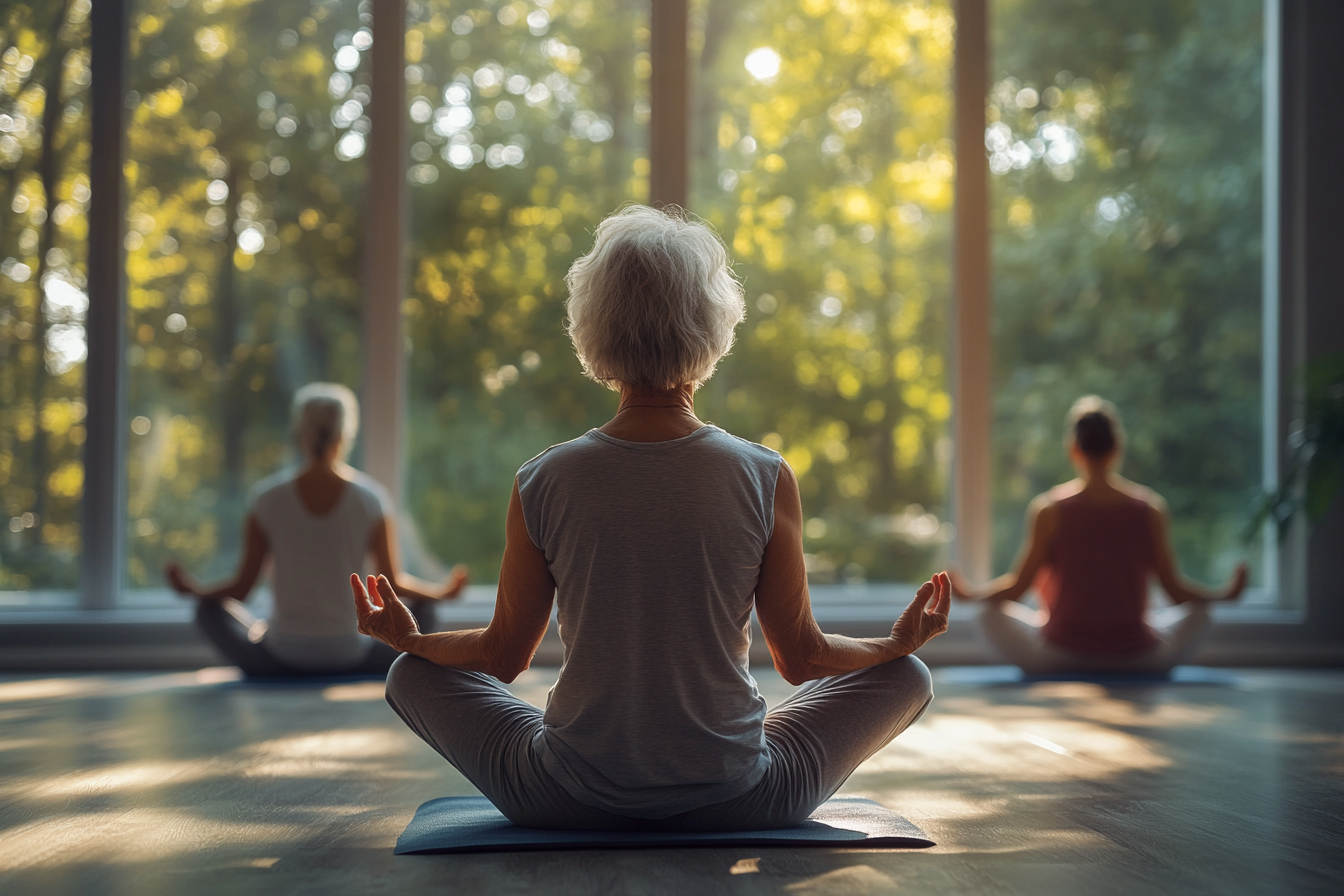 Група людей зрілого віку займається йогою в затишній студії