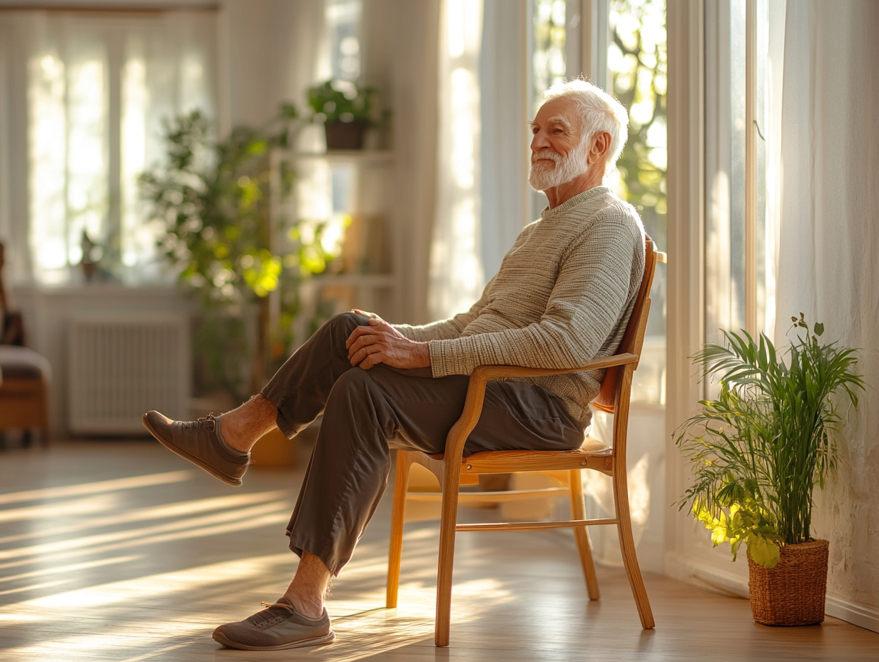 Інструктор йоги працює з групою людей зрілого віку